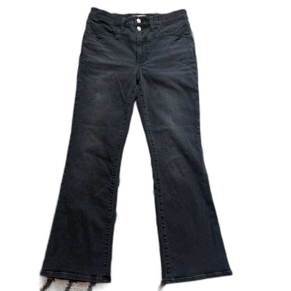 Madewell Mid Rise Kick Out Crop Jeans Washed Black Double Button Flare Size 28